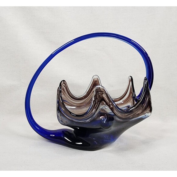 Vintage Sooner Ozark Art Glass Basket | Blue & Brown Swirl Hand-Blown | USA - Picture 5 of 15